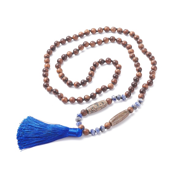108 collar de cuentas mala con borla, collar de cuentas de madera natural y punto azul jaspe y ágata, joyería de oración de meditación para mujer