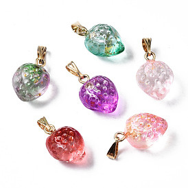 Two Tone Transparent Spray Painted Glass Pendants, with Golden Plated Iron Bails and Gold Foil, Strawberry
