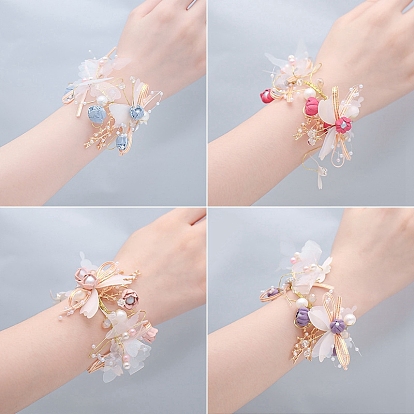 Silk Cloth Butterfly and Flower Wrist Corsage, with Plastic Pearl & Glass Beads and Alloy Findings, for Bride or Bridesmaid, Wedding, Party Decorations