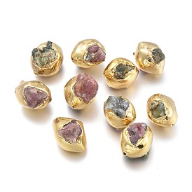 Natural Tourmaline Beads, with Golden Plated Brass Edge, Rough Raw Stone, Nuggets