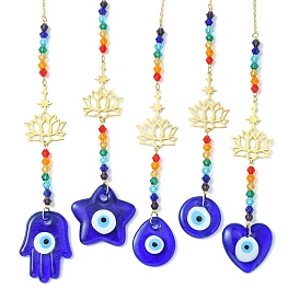 Glass Beaded Pendant Decorations, with Evil Eye Lampwork and 201 Stainless Steel Lotus Hanging Ornaments, Star/Teardrop/Heart/Flat Round/Hamsa Hand