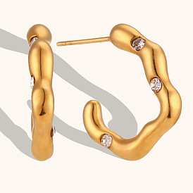Minimalist Irregular Line Micro Pave Hoop Earrings in Stainless Steel Gold Plated