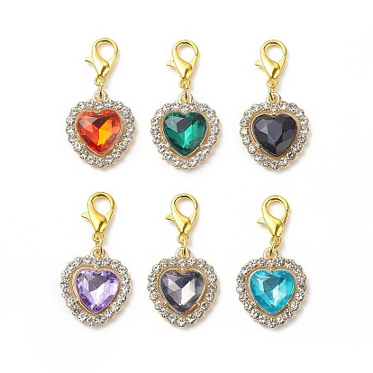 Alloy Rhinestone Heart Pendant Decorations, Lobster Clasp Charms, Clip-on Charms, for Keychain, Purse, Backpack Ornament