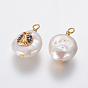 Natural Cultured Freshwater Pearl Pendants, with Brass Micro Pave Cubic Zirconia Findings, Flat Round with Ladybird, Golden