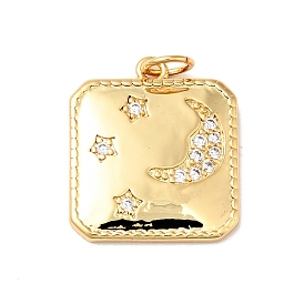 Rack Plating Brass Micro Pave Clear Cubic Zirconia Pendants, with Jump Ring, Cadmium Free & Nickel Free & Lead Free, Square with Moon & Star