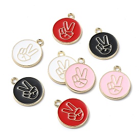 Rack Plating Alloy Enamel Pendants, Nickel Free, Flat Round with Victory Gesture Charm, Golden