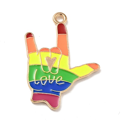 Rainbow Color Alloy Enamel Pendants, Love You Gesture with Word Love, Light Gold