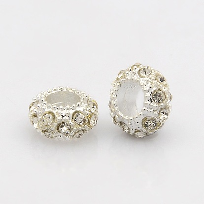 Alliage d'argent plaqué couleur argent grade a strass perles européennes, Perles avec un grand trou   , rondelle, 11x6mm, Trou: 5mm