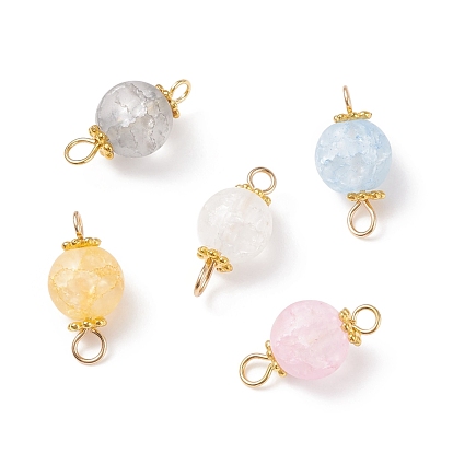 Synthetic Crackle Quartz Connector Charms, with Golden Tone 304 Stainless Steel Loops and Alloy Daisy Spacer Beads, Round
