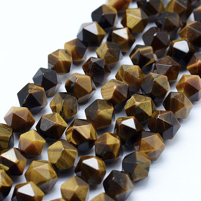 Natural Tiger Eye Beads Strands, Star Cut Round Beads, Grade A, Faceted