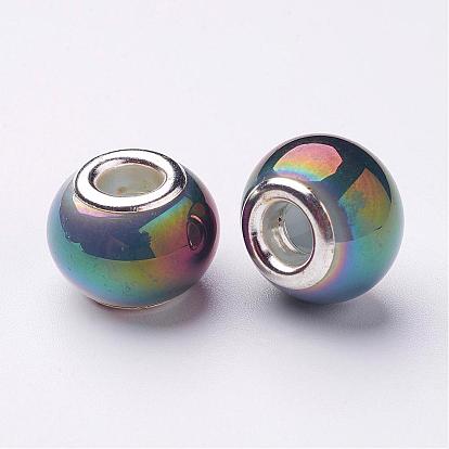 Electroplate Imitation Jade Glass  European Beads, with Silver Color Plated Brass Double Core, Full Rainbow Plated, Large Hole Rondelle Beads, 14~15x11mm, Hole: 4.5~5mm