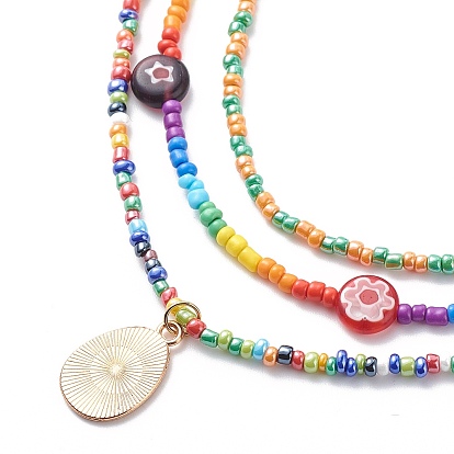 3Pcs 3 Style Easter Day Alloy Enamel Easter Egg Pendant Necklaces Set, Millefiori & Glass Seed Beaded Stackable Necklaces for Women