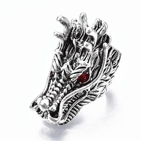 Alloy Rhinestones Finger Rings, Wide Band Rings, Dragon, Antique Silver