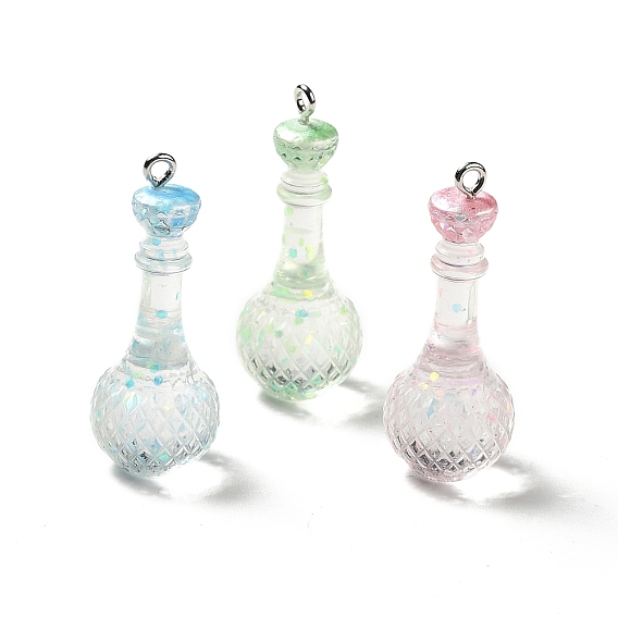 Transparent Resin Pendants, with Platinum Tone Iron Findings and Glitter Powder, Wine Bottle Charms