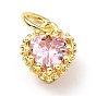Brass Micro Pave Mixed Color Cubic Zirconia Pendants, Real 18K Gold Plated, Long-Lasting Plated, Heart