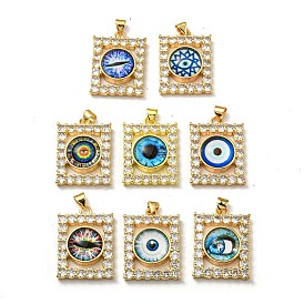 Real 18K Gold Plated Brass Pendants, with Glass and Acrylic, Rectangle with Evil Eye Charms