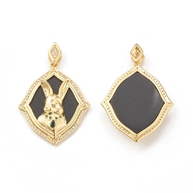 Eco-Friendly Brass Micro Pave Cubic Zirconia Pendants, with Synthetic Black Turquoise, Lead Free & Cadmium Free, Long-Lasting Plated, Rhombus with Rabbit Charm