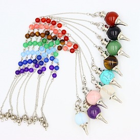 Gemstone Sphere Dowsing Pendulums, with Mxed Stone beads Chains, Detachable Round Charm, Cone