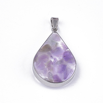 Gemstone Pendants, with Glass and 304 Stainless Steel Findings, Drop, Stainless Steel Color