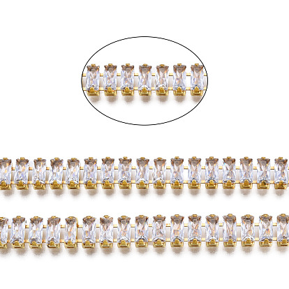 Rectángulo circonitas cúbicas cadenas strass, cadenas de eslabones de latón chapado en oro, soldada, con carrete