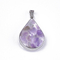 Gemstone Pendants, with Glass and 304 Stainless Steel Findings, Drop, Stainless Steel Color
