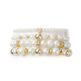 Glass Imitation Pearl Bead Stretch Bracelets, Brass Heart & Synthetic Hematite Bead Jewelry for Women