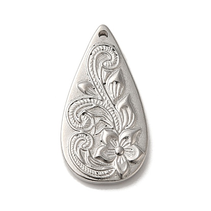 304 Stainless Steel Pendants, Teardrop Charms with Flower