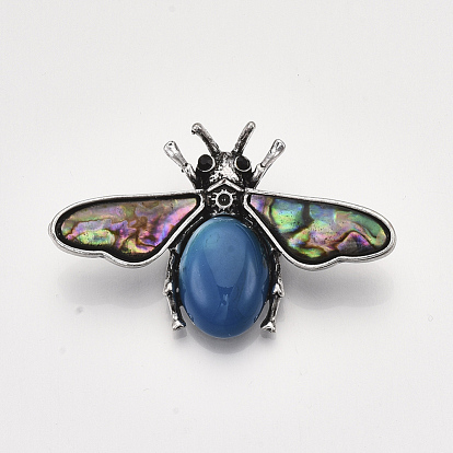 Gemstones Brooches/Pendants, with Rhinestone and Alloy Findings, Abalone Shell/Paua Shelland Resin Bottom, Bee, Antique Silver