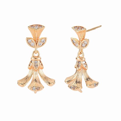 Brass Micro Pave Clear Cubic Zirconia Stud Earring Findings, for Half Drilled Beads, Nickel Free, Tassel Shape