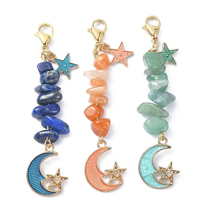 Décorations de pendentif en perles de pierres précieuses naturelles, Étoile et lune en alliage d'émail et breloques en acier inoxydable avec fermoirs à pince de homard