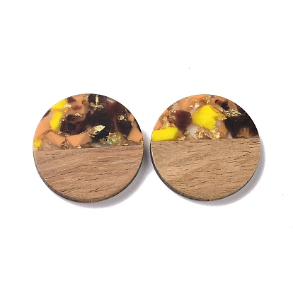 Transparent Resin & Walnut Wood Pendants, with Gold Foil, Flat Round Charm