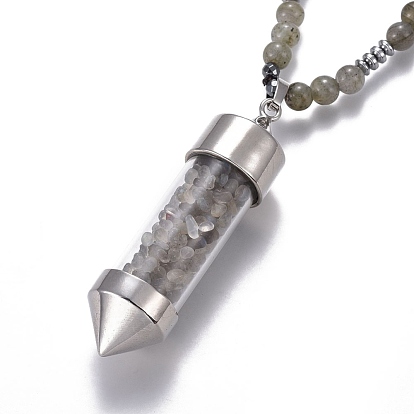 Natural Gemstone Pendant Necklace, with Glass Beads and Brass Findings, Bullet