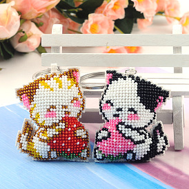 Cat with Strawberry Pattern DIY Bead Embroidery Kits, including Embroidery Fabric, Bead, Keychain and Threads