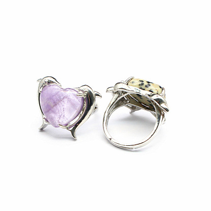 Natural & Synthetic Mixed Gemstone Heart Adjustable Rings, Platinum Brass Ring