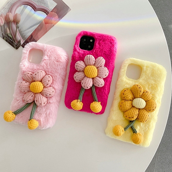 Warm Plush Mobile Phone Case for Women Girls, Winter Sunflower Shape Camera Protective Covers for iPhone13/13 Pro/13 Mini/13 Pro Max/14/14 Pro/14 Max/14 Pro Max