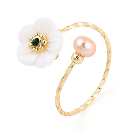 Natural Pearl with Shell Flower Open Cuff Ring, Brass Jewelry for Women