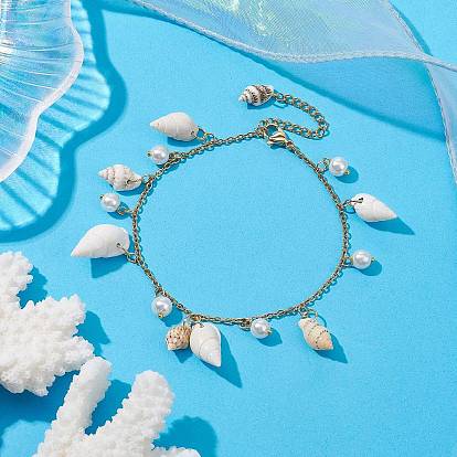 Natural Spiral Shell & Glass Pearl Charm Anklets