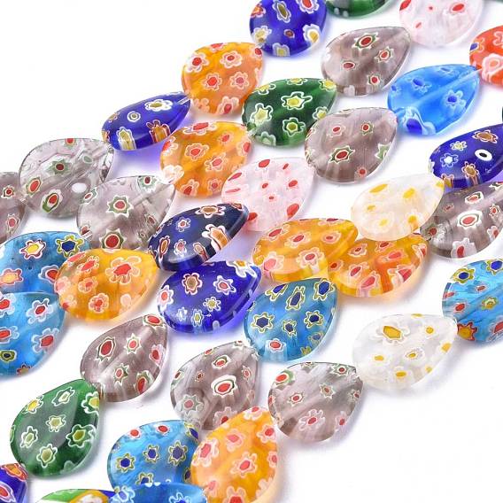 Brins de perles en verre de millefiori faites à la main, goutte , 17x13x4mm, Trou: 1mm, Environ 21 pcs/chapelet, 14.1 pouce