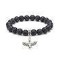 Natural Lava Rock Round Beaded Stretch Bracelet with Alloy Fairy Charm, Essential Oil Gemstone Jewelry for Women, Mixed Shape