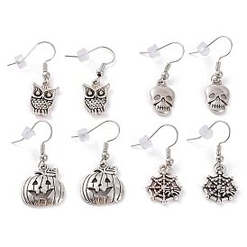 Halloween Theme, Tibetan Style Alloy Dangle Earrings, with Brass Earring Hooks and Plastic Earring Backs, Mixed Shape