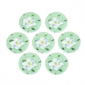Transparent Printed Acrylic Pendants, with Glitter Powder, Flat Round with Flower