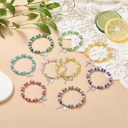 9Pcs 9 Color Glass & Imitation Pearl Beaded Stretch Bracelets Set, 201 Stainless Steel Cross & 304 Stainless Steel Virgin Mary Charms Stackable Bracelets for Women