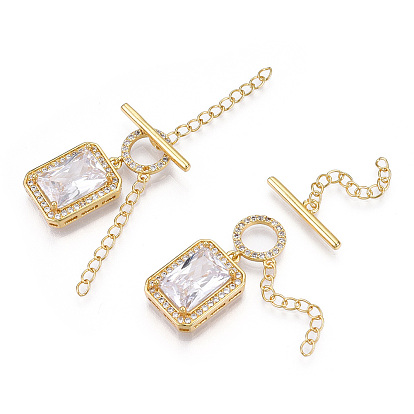 Brass Micro Pave Clear Cubic Zirconia Chain Extender, with Toggle Clasps, Ring with Rectangle, Nickel Free