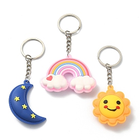 Porte-clés pendentif en plastique pvc, avec porte-clés fendus en fer plaqué platine, soleil, lune et arc-en-ciel