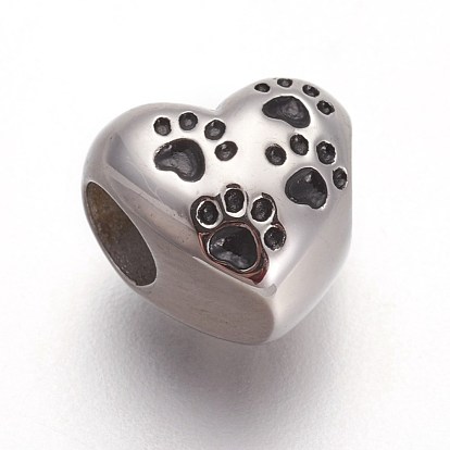 Placage ionique rétro (ip) 316 perles de style européen en acier inoxydable chirurgical, Perles avec un grand trou   , coeur avec des empreintes de patte de chien