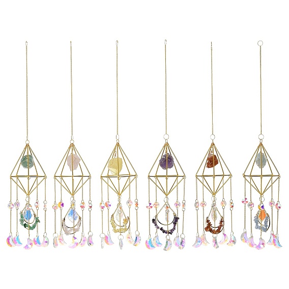 Golden Iron Wind Chime, with Natural Gemstone, Crystal, for Outside Yard and Garden Decoration