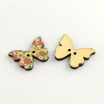 2-Hole Printed Wooden Buttons, Butterfly, 20.5x28x3mm, Hole: 2mm