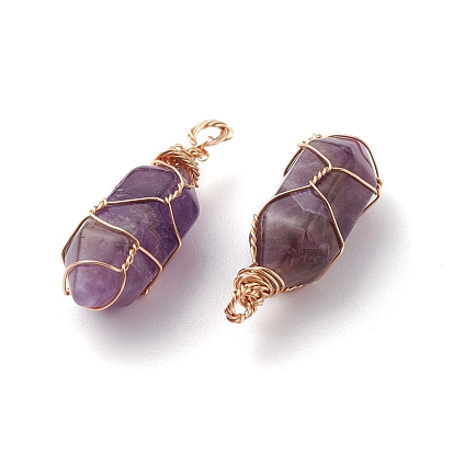 Natural Amethyst Pendants, with Real 18K Gold Plated Eco-Friendly Copper Findings, Bullet