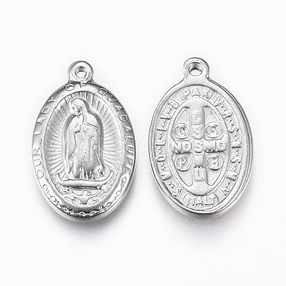 Stainless Steel Medal Pendants, Oval with Virgin Mary/Our Lady of Guadalupe