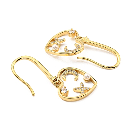 Boucles d'oreilles pendantes en forme de cœur en zircone cubique, avec étoile et perle en plastique, véritables boucles d'oreilles en laiton plaqué or 18k, sans cadmium et sans plomb